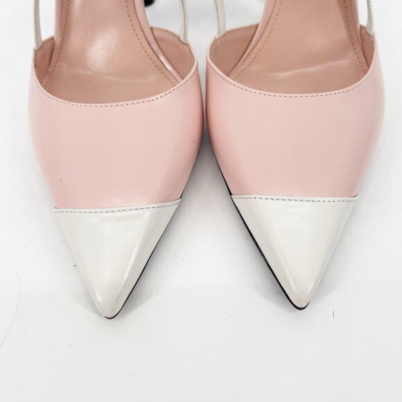 Prada Pink White Brushed Leather Logo Strap Slingback Cap Toe Heels IT 40 - Picture 7 of 16